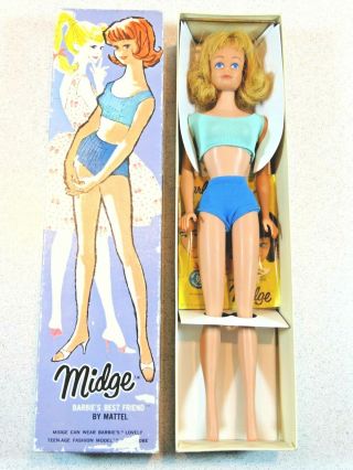 Barbie: Vintage Blonde Straight Leg Midge Doll W/box & Later Issue Longer Hair
