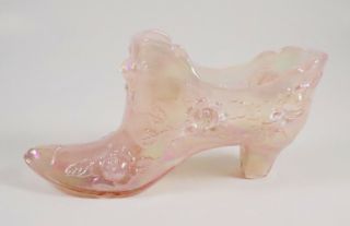 Vintage Fenton Glass Pink Iridescent Cat Head Shoe Roses Leaves Slipper Cabbage