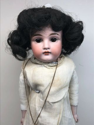 22” Antique Kestner Bisque Doll Germany 154 Kid Body Black Wig & Brown Eyes M