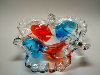 Vintage Art Glass Clear Blue Red Ashtray Bowl