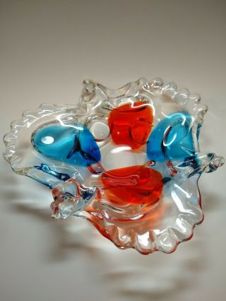 Vintage Art Glass Clear Blue Red Ashtray Bowl 2
