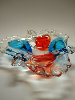 Vintage Art Glass Clear Blue Red Ashtray Bowl 3