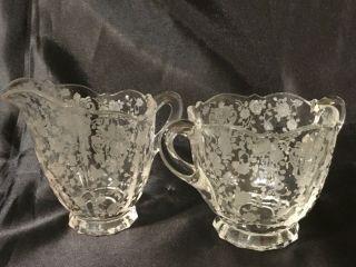 Vintage Cambridge Rose Point Clear Etched Pattern 3121 Open Sugar And Creamer