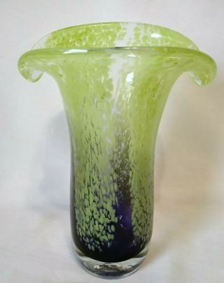 Vintage Hand Blown Lime Green Speckled With Purple Art Glass Flower Vase