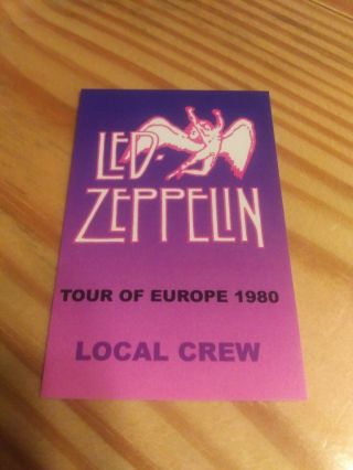 Led Zeppelin 1980 Tour Over Europe Backstage Pass Concert Staff Crew Vintage