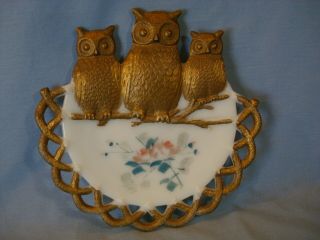 Vintage Westmoreland Milk Glass Three Owls On A Branch Plate Hand Painted