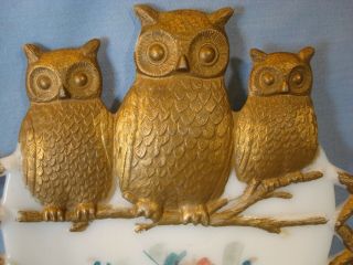 VINTAGE WESTMORELAND MILK GLASS THREE OWLS ON A BRANCH PLATE HAND PAINTED 2