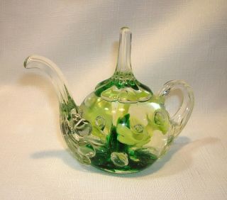 Vintage Joe St Clair Glass Teapot Paperweight Yellow Green Flowers