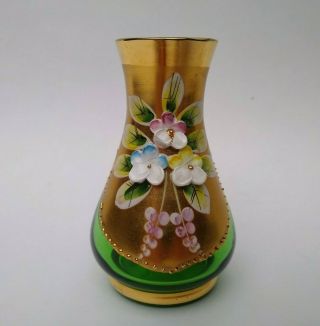 Vintage Czech Bohemian Art Glass Mini Vase Green With Gilt And Enamel Flowers 3 "