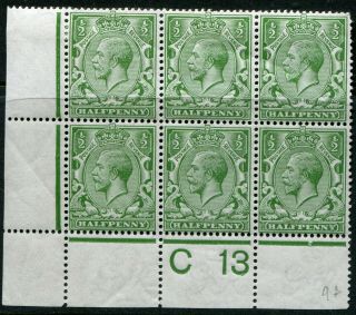 (356) Very Good 1912 Issue Gv 1/2d Green Control Block " C13 " M.  Mh.
