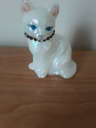 Vintage Fenton Hand Painted Iridescent Cat With Garnet Necklace