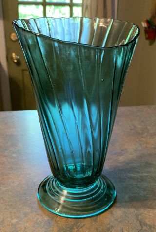 Vtg 8 " Footed Vase Swirl Ultramarine Blue Green Teal Jeannette Glass Slant Top