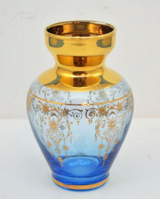 Vintage Italian Glass Small Vase Aqua Blue And Gold
