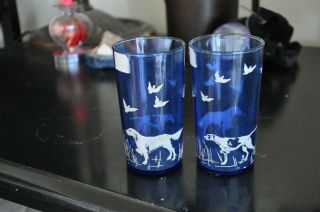 Set Of 2 Vintage Hazel Atlas Cobalt Blue Hunting Dogs Glasses