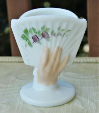 Vintage Victorian Hand Painted Milk Glass Hand Fan Bud Vase - 4 " H X 3 1/2 " W