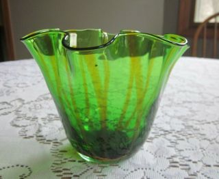 Handkerchief Ruffle Art Glass Vase Hand Blown Green With Stripes Italy
