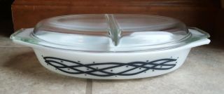 Vintage Pyrex Barbed Wire Divided Dish W/ Lid 1.  5 Qt Black & White 1958 Promo