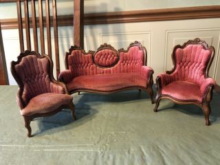Dollhouse Miniature Artist Signed Leonetta 1983 Victorian Couch 2 Chairs Mauve