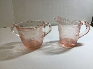 Vintage Pink Depression Strawberry Pattern Glass Creamer And Sugar Cups