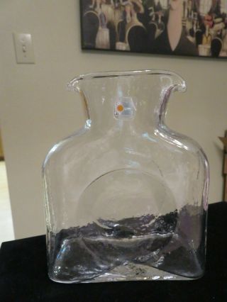 Vintage Blenko Clear Double Spout Water Carafe Pitcher Bottle With Label