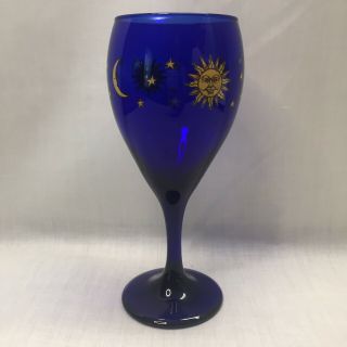 Libbey Cobalt Blue Wine Glass Goblet Vintage Sun Moon Stars Celestial
