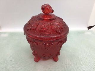Vintage Footed Indiana Glass Red Flashed Lidded Candy Dish Leaf And Grape