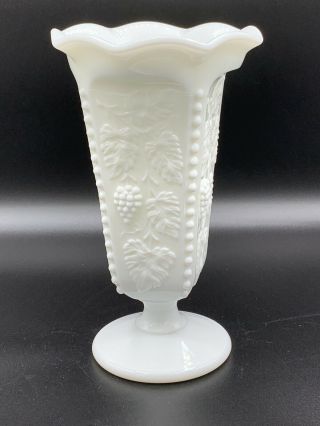 Vintage Westmoreland White Milk Glass Beaded Grape Lg Vase Crimped Scalloped Rim