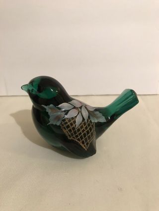 Spruce Green Artist Signed Hand Painted Fenton Bird With Flowers And Frit