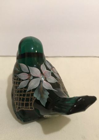 Spruce Green Artist Signed Hand Painted Fenton Bird With Flowers And Frit 2