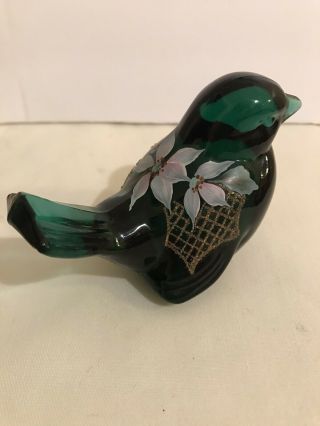Spruce Green Artist Signed Hand Painted Fenton Bird With Flowers And Frit 3