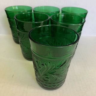 Set Of 6 Vintage Anchor Hocking Forest Green Sandwich Oatmeal Juice Glasses 4 In