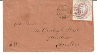 129 - 2nd November 1862 Dover To London,  Type 3 1d.  Pink Cut - Out On On