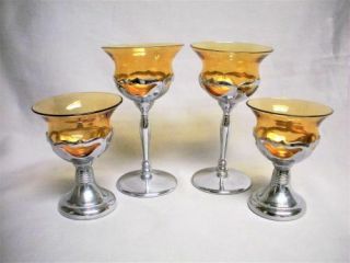 4 Farber Bros Krome Kraft Cambridge Amber Glass & Chrome Stems Wine Goblet Old