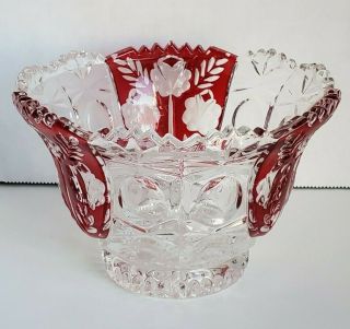 Vintage Anna Hutte Bleikristall Ruby Red & Clear Crystal Candy Bowl Dish Floral