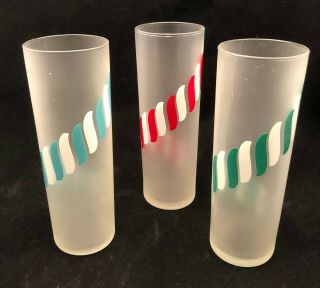 Vintage Libbey Hi Ball Drink Glasses (3) Stripes Frosted Red Green Turq White