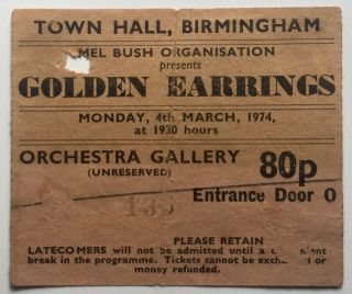 Golden Earring Concert Ticket Town Hall Birmingham 4th Mar 1974