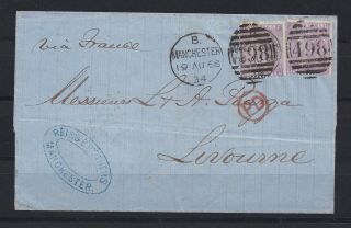 Lot:35553 Gb Qv Cover 2x 6d Mauve Plate 6 On Cover Manchester 19 Aug 1868 To