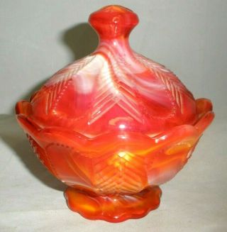 Vintage Imperial Glass Red Orange White Slag Covered Dish