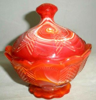 Vintage Imperial Glass Red Orange White Slag Covered Dish 2