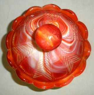 Vintage Imperial Glass Red Orange White Slag Covered Dish 3