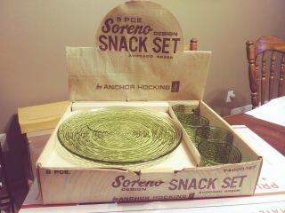 1960s Anchor Hocking 8 Piece Avocado Green Soreno Glass Snack Set