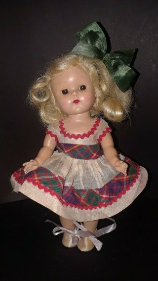 Vintage Vogue 7.  5 " Strung Ginny Doll In Holiday Plaid Printed Dress Ballet Shoes