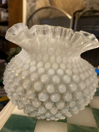 Vintage Fenton White Opalescent Hobnail Ruffled Vase -
