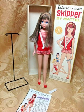 Vintage Mattel Brunette Skipper With Box Suit Stand Headband