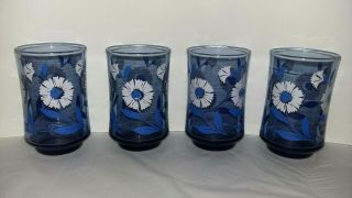 Set Of 4 Vtg Libby Blue Juice Glasses White Flowers Small 3 1/2 " Swanky Swigs