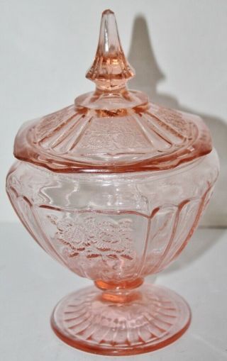 Vtg Anchor Hocking Mayfair Open Rose Pink Depression Glass Candy Dish W/ Lid - Euc