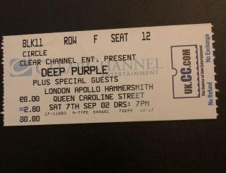 Deep Purple Ticket Stub - London Apollo - 7th Sept 2002 - Concert Memorabilia