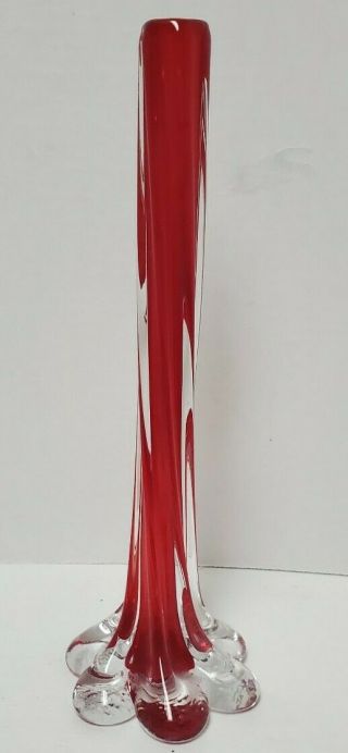 Vintage Art Glass Red Swirled Elephant Foot Bud Vase 11 1/4 " Tall