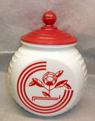 Fire King Anchor Hocking Vitrock Red Circle Art Deco Grease Drippings Jar W/ Lid