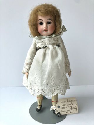 Antique German Recknagel (?) 7.  5” Bisque Head Doll Papier Mache Body